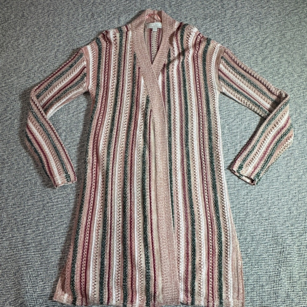 Carolyn Taylor Womens Large Pink Multi Stripe Pointelle Open Front Cardigan